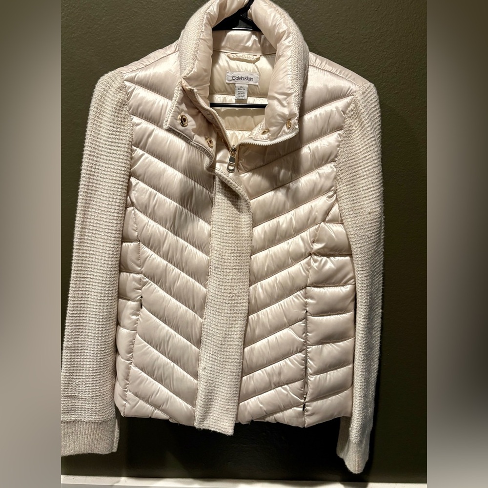 Calvin Klein Cream Mixed Media Puffer Jacket Knit Sleeve Zip Snap Coat Luxe XS/S